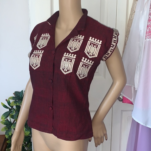 Burgundy embroidered mandarin collar sleeveless button down Ethnic shirt Top S - Picture 10 of 11
